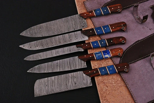 DAMASCUS KITCHEN KNIVES SET | 11 Inch | Rose Wood | Home