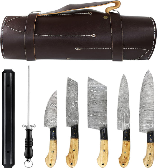 DAMASCUS KITCHEN KNIVES SET | 9 Inch | Olive Wood | Home