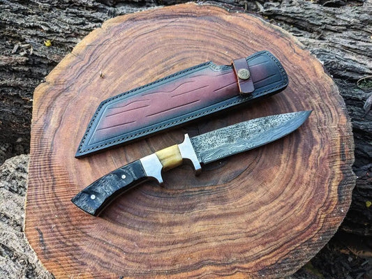 Damascus Steel Bowie Hunting Knife | 13.5 Inch | Stag Handle | Leather Pouch