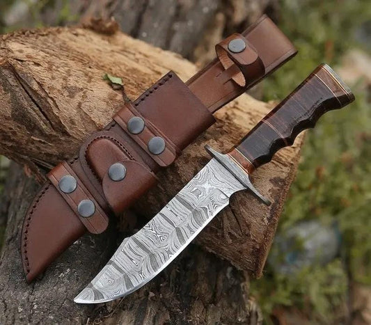 Handmade Damascus Bowie Knife | 11 Inch | Twisted Damascus Blade | Leather Handle