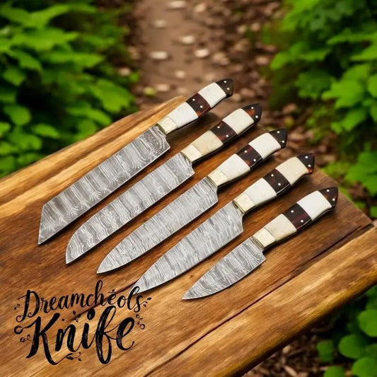 Damascus Knife Set D2 Steel Blades with Camel Bone & Rosewood Handles + Leather Roll | 13 Inch | Rosewood | Kitchen Knives Set