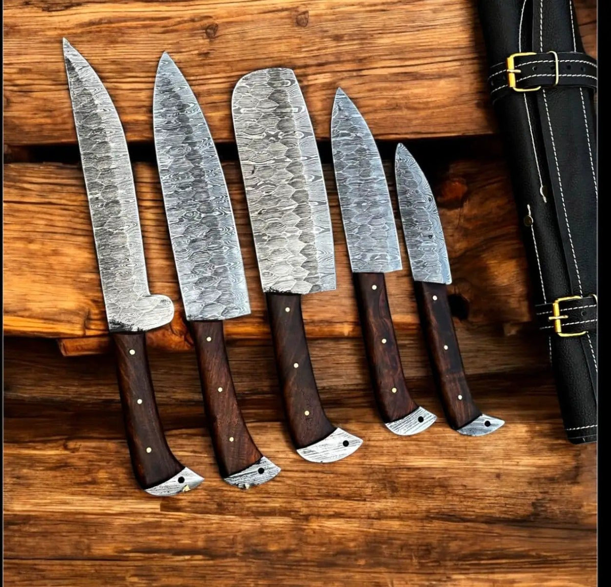 "Premium Damascus Kitchen Knife Set with Rosewood Handle & Leather Case" | Damascus Steel | Kitchen Knives Set | Home
