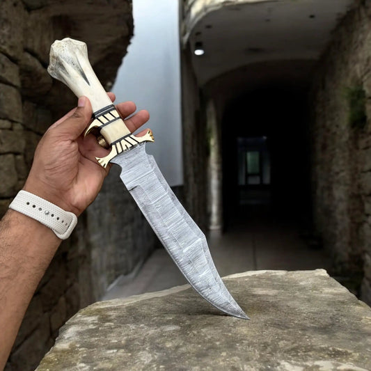 "Handcrafted Damascus Steel Bowie Knife with Camel Bone Handle & Leather Sheath 8 to | 13 Inch | Damascus Steel | Custom handmade bowie Knife