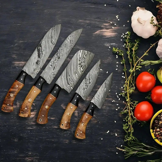 "Premium Damascus Steel Knife Set with Rosewood Handle & Leather Case" | Damascus Steel | Kitchen Knives Set | Home