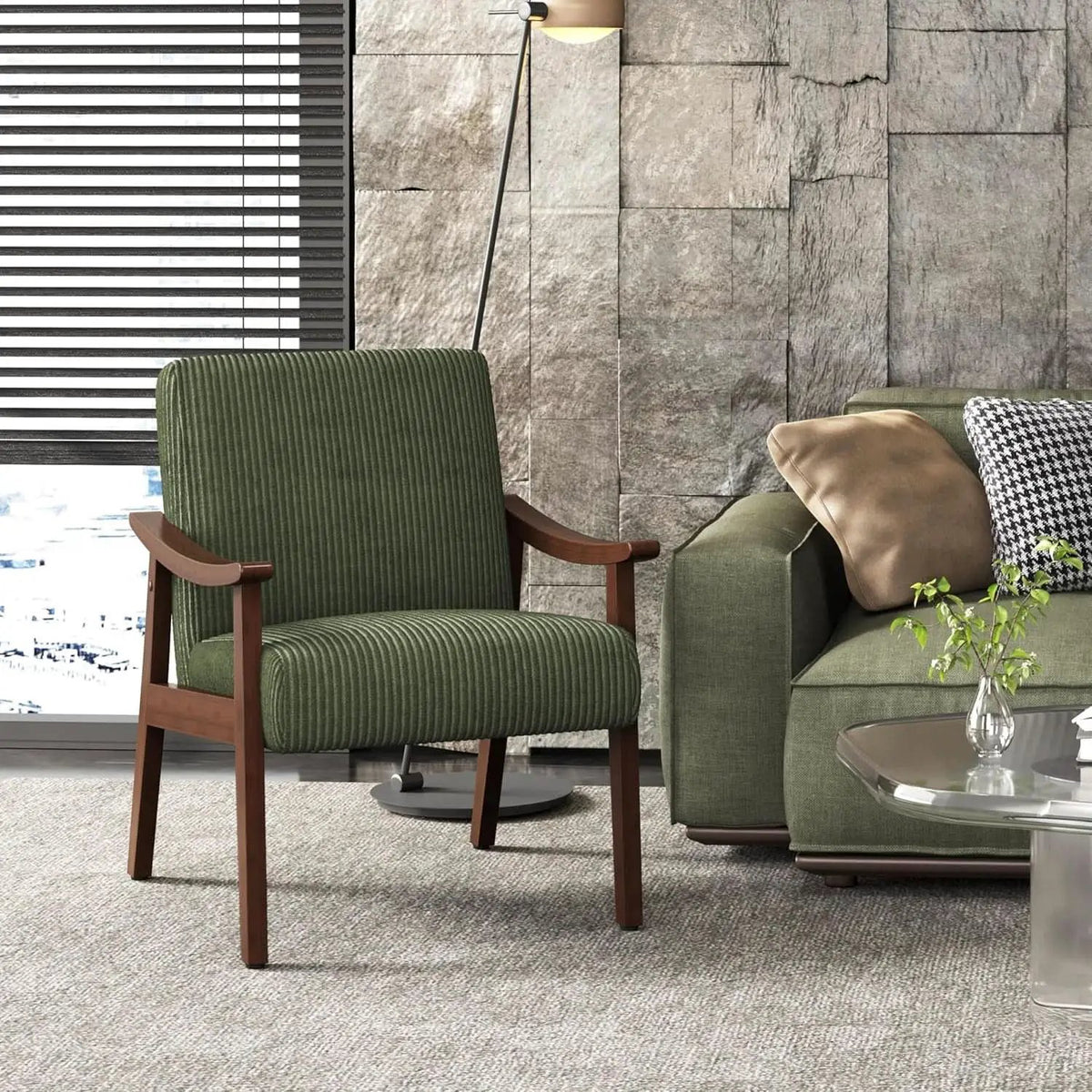 Dark Green Corduroy Armchair Mid Century Solid Wood from PriceLows™