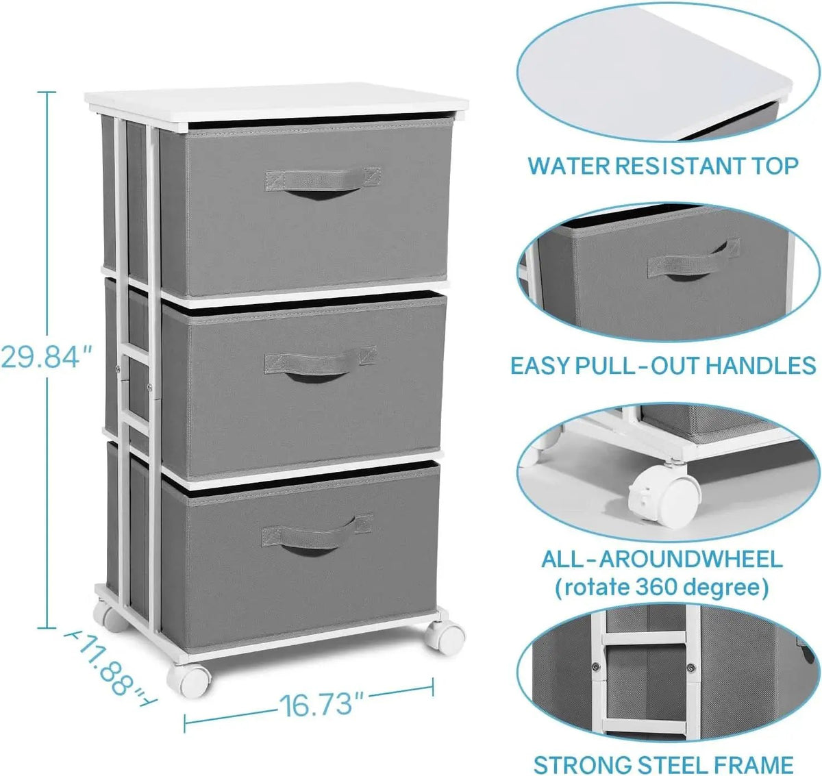 Dresser Tower 3 Drawer Dark Grey With Wood Top And Wheels from PriceLows™