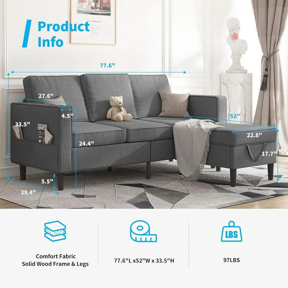 Dark Grey Convertible Sectional Sofa With Storage Ottoman from PriceLows™