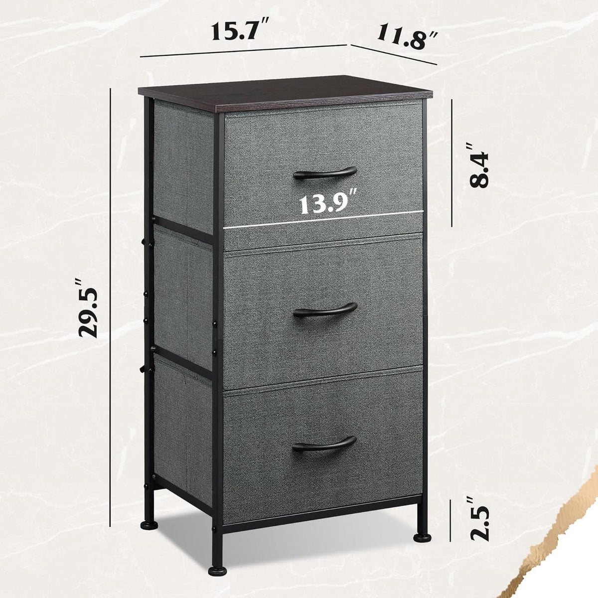 Dark Grey Dresser With 3 Drawers, Steel Frame, Wood Top from PriceLows™