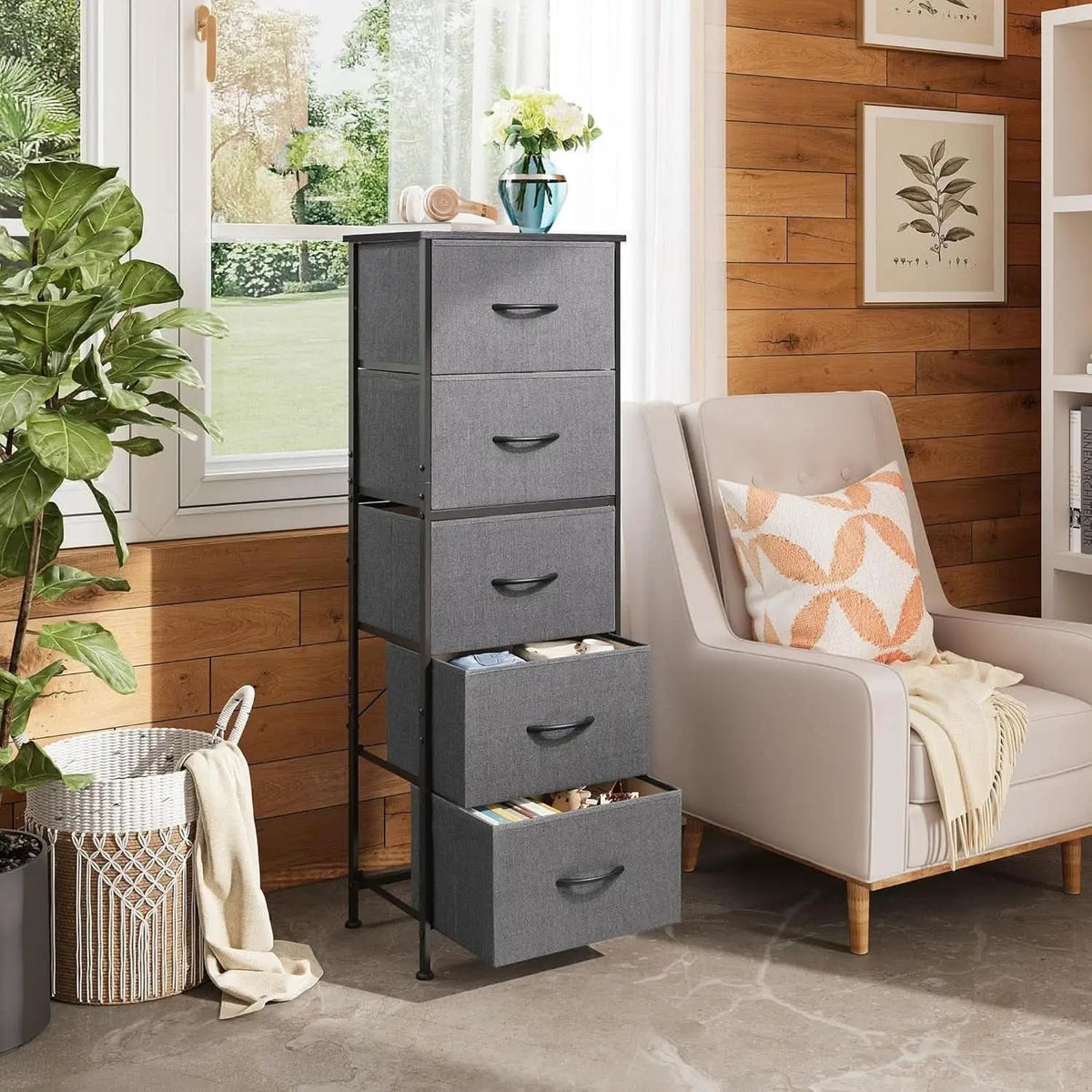 Dark Grey Fabric Dresser 5 Drawer Tall Storage Unit from PriceLows™