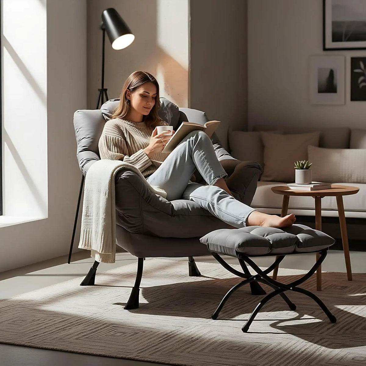Dark Grey Lazy Chair With Ottoman Footrest And Side Pocket from PriceLows™