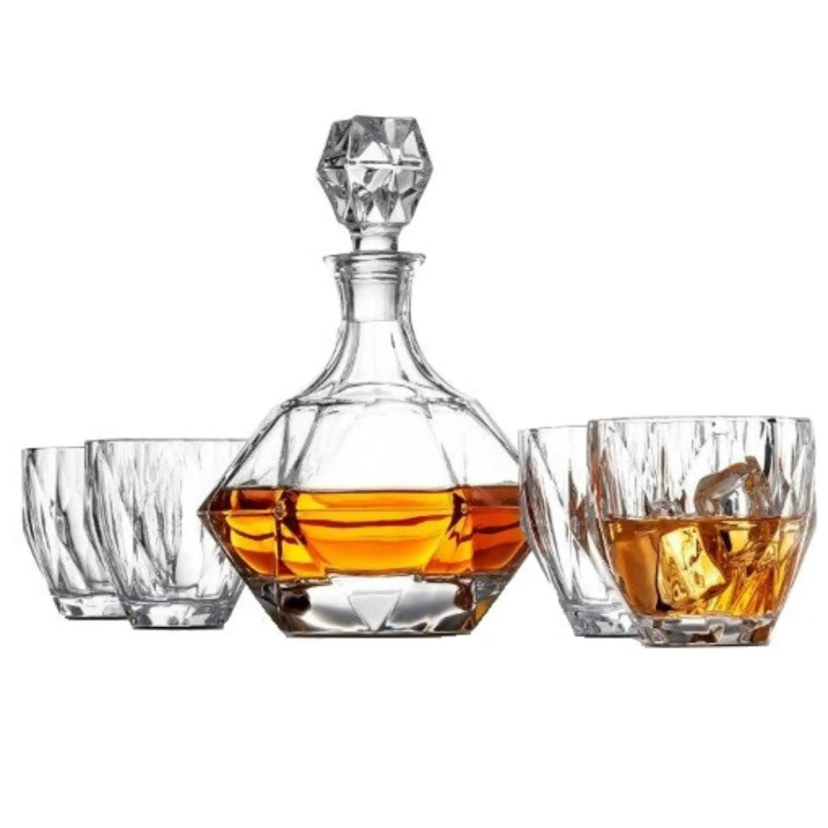 Decanter Set | Diamond Cut Glass | With Four Glasses | Luxury Barware