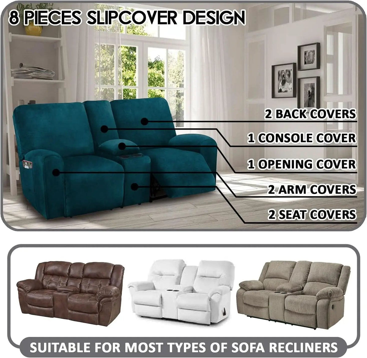 Deep Teal Velvet 8 Piece Reclining Loveseat Cover Set from PriceLows™