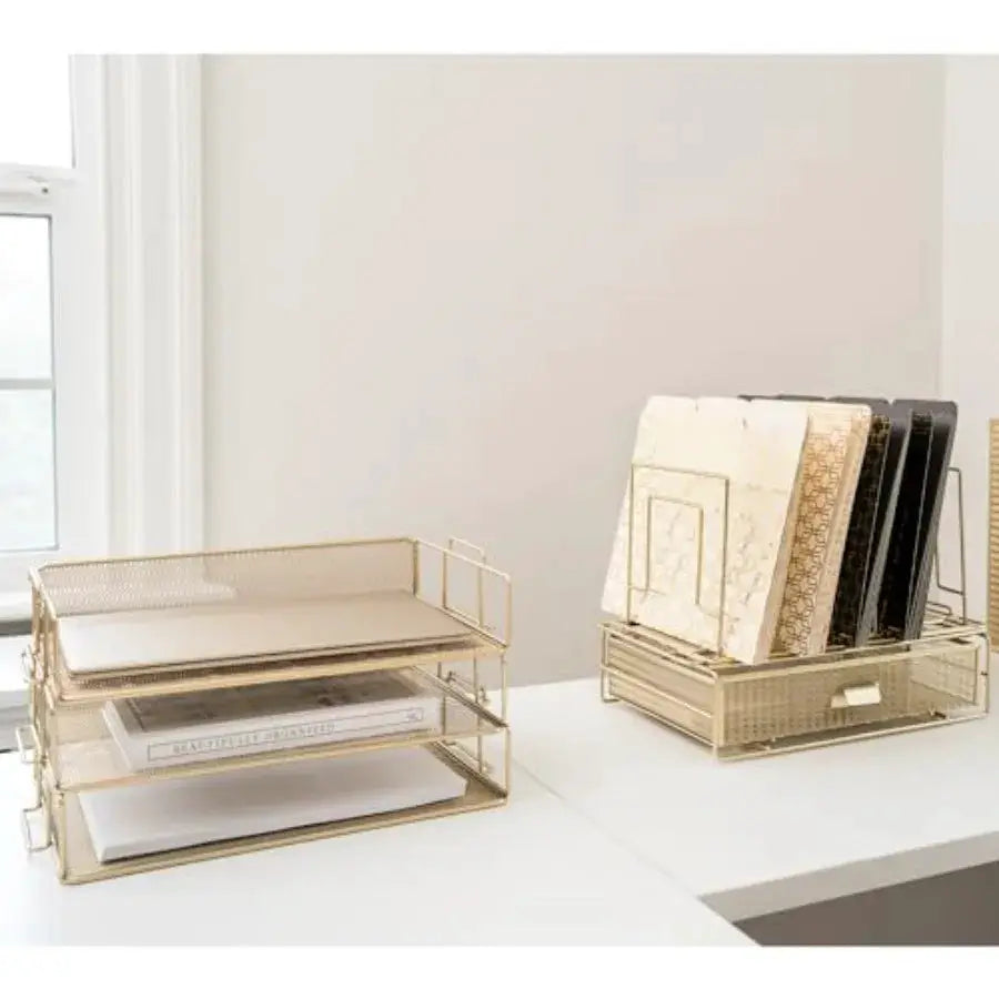 Gold Stackable Desk Organizer Set - 3 Stackable Paper Trays, File Sorter, and Drawer from PriceLows™