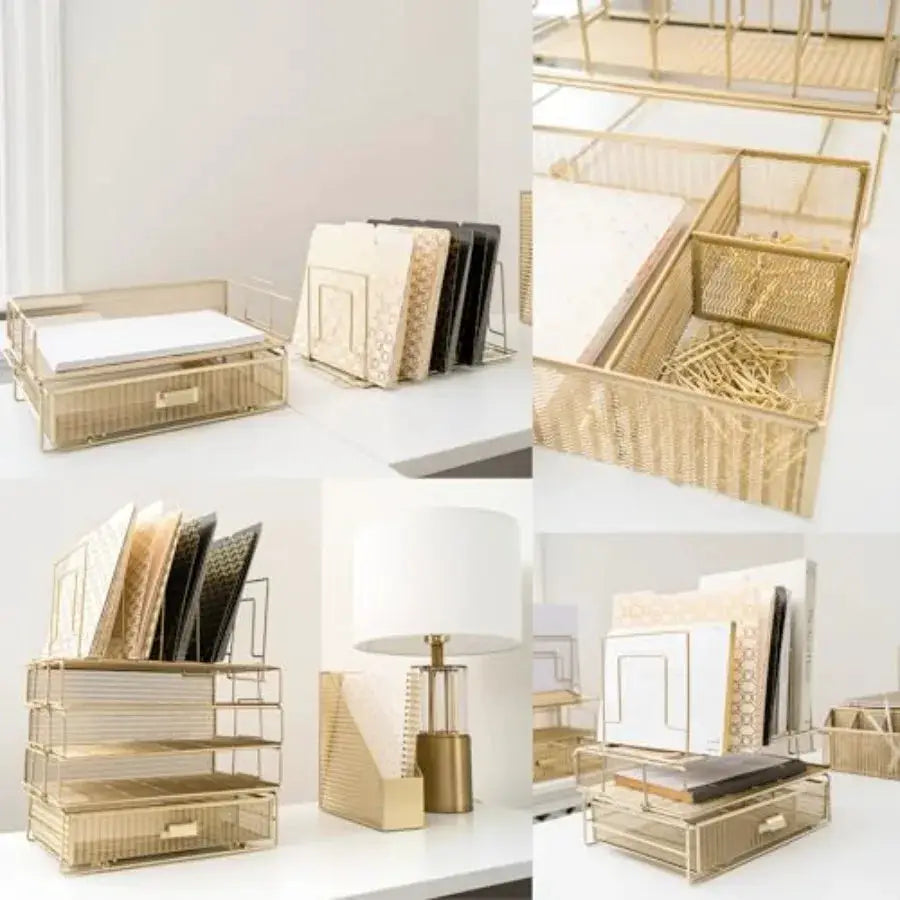 Gold Stackable Desk Organizer Set - 3 Stackable Paper Trays, File Sorter, and Drawer from PriceLows™