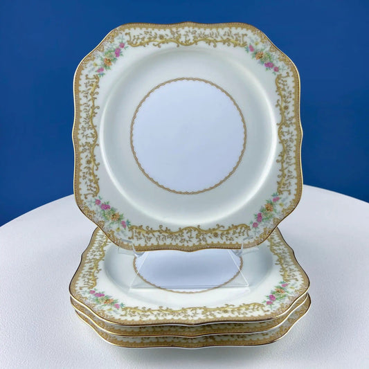 Dessert Salad Plates by Noritake, Elvira Pattern | 5 Porcelain Square Plates with Gold Garland Motifs | Hosting Essentials | Collectors & Hosts