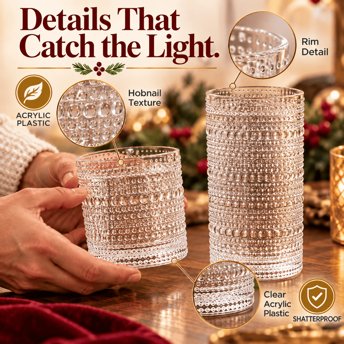 Barcelona Acrylic Hobnail Lowball & Highball Glassware | 13 oz | Set of 12 | Acrylic