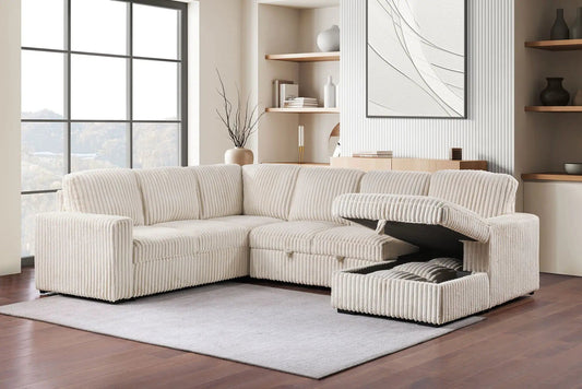 Devonshire Sleeper Sectional Sofa Storage Chaise Camel | 122 x 96.75 x 39.25 in | Living Room Furniture | Living Room