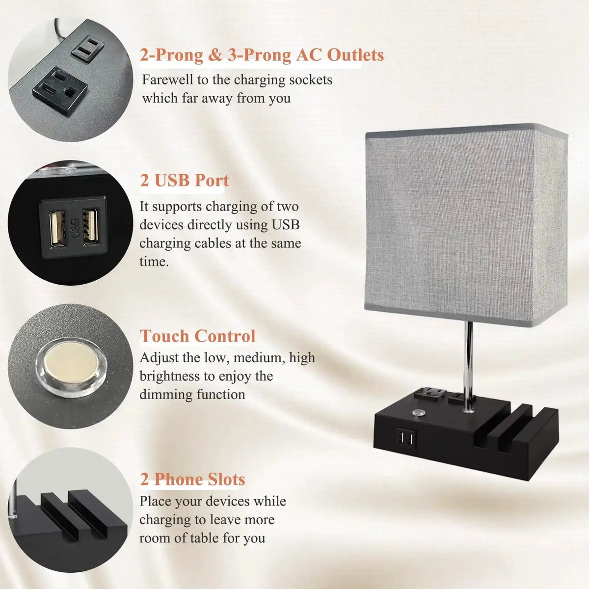 SZRSTH 15.7" Bedside Table Lamp for Bedroom, Dual Fast USB Charging Ports, Fully Dimmable Nightstand Lamps from PriceLows™
