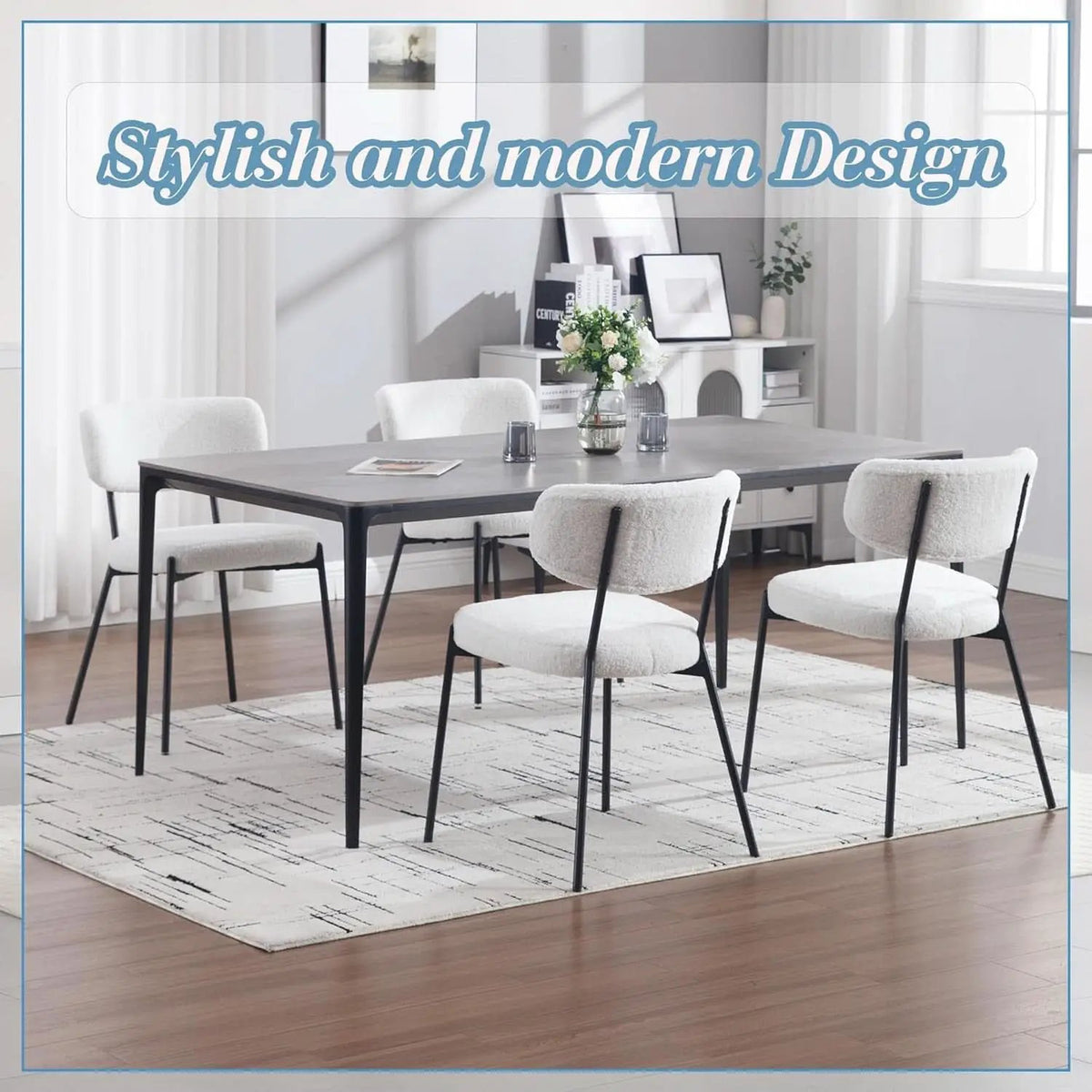 White Boucle Upholstered Dining Chairs Curved Back from PriceLows™