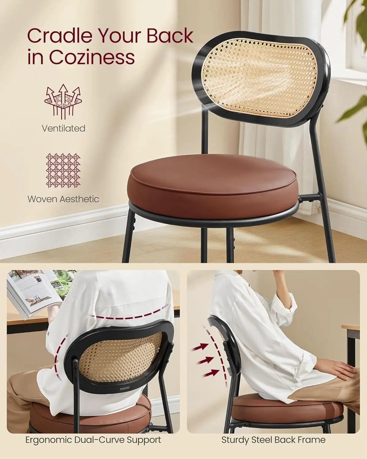 Dining Chairs Set of 4 With Boho Rattan Back Coffee Brown from PriceLows™