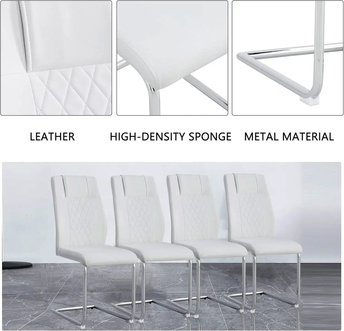 White Faux Leather Dining Chairs Four Pack Chrome Finish from PriceLows™