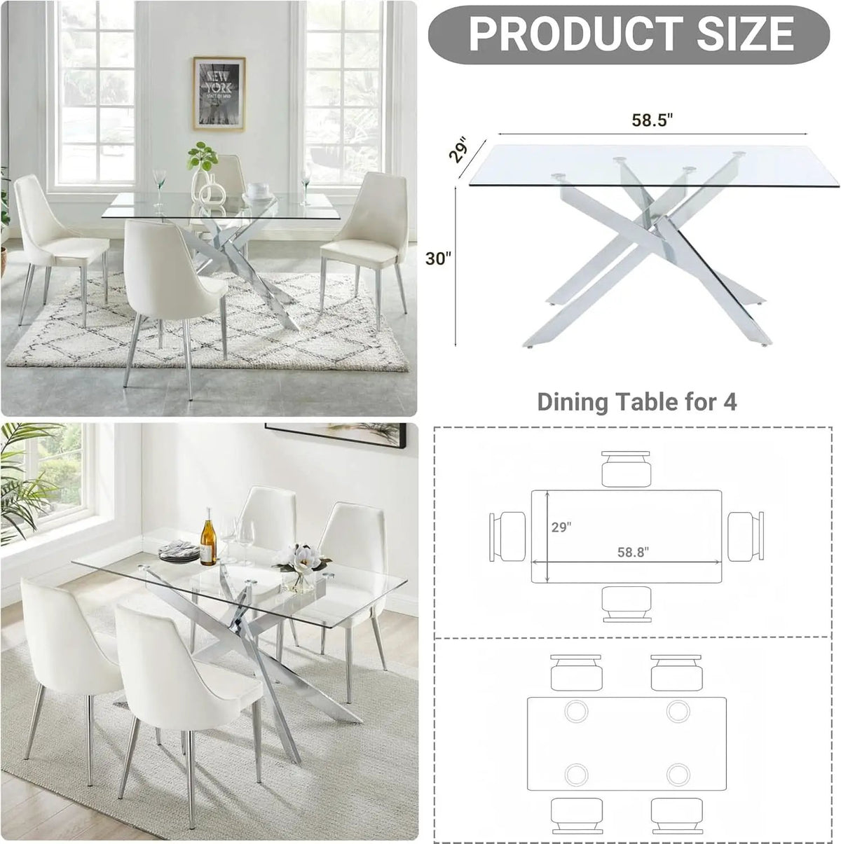 58.5 Inch Rectangular Glass Dining Table With Silver Finish from PriceLows™