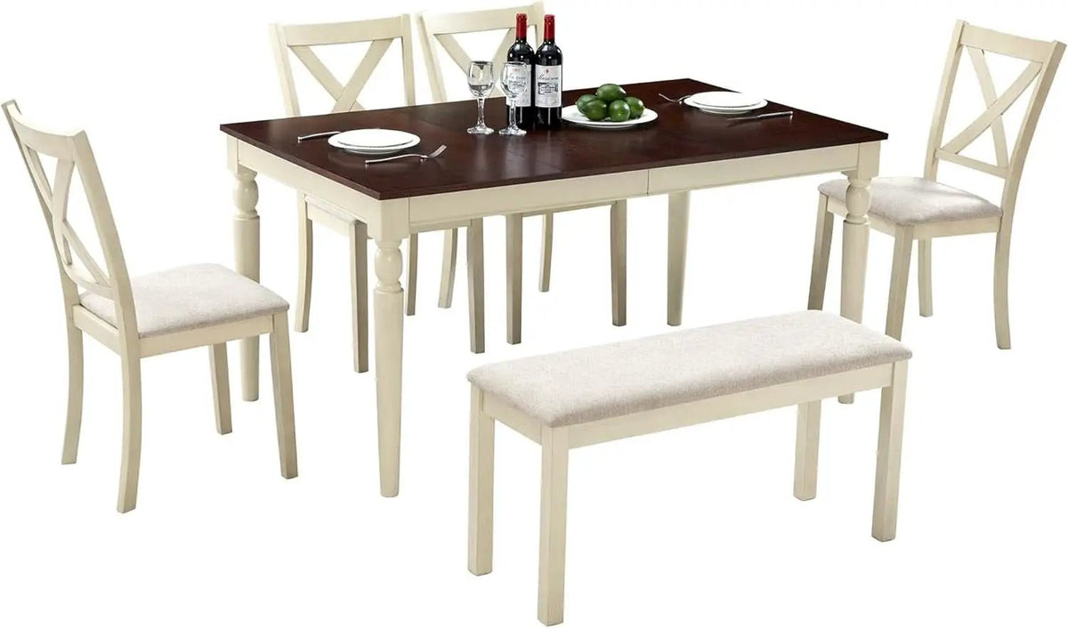 Sixty Inch Solid Wood Walnut Finish Dining Table Set Upholstered Chairs from PriceLows™