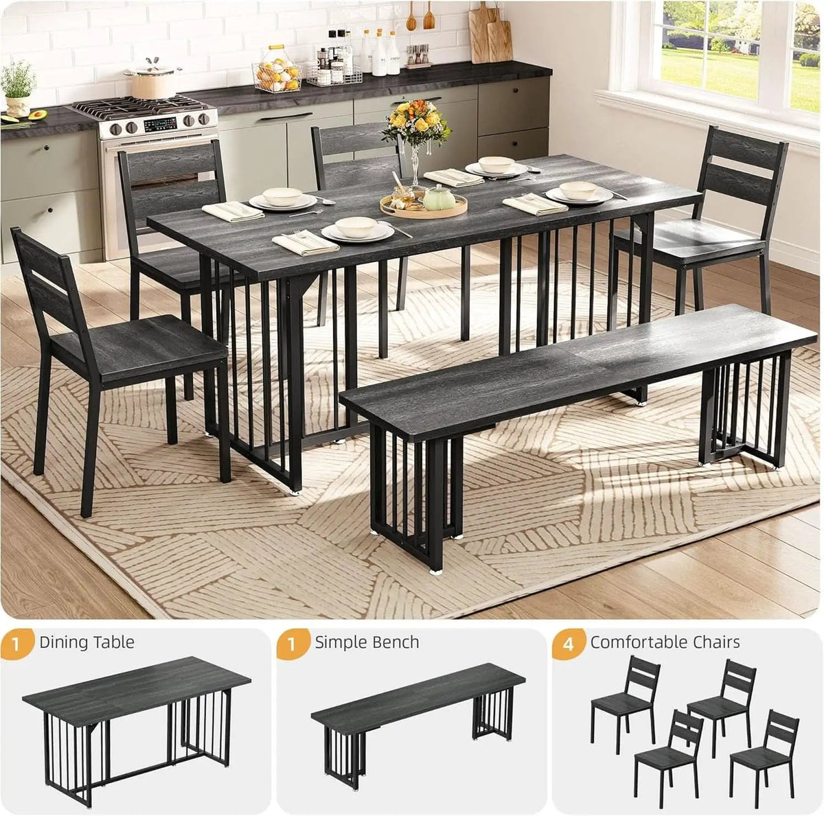 63 Inch Dark Grey Rectangular Dining Table Set Farmhouse from PriceLows™