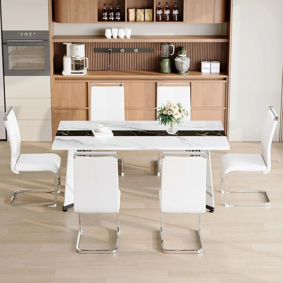 Dining Table Set For Six Seventy One Inch White Marble Top Leather Chairs from PriceLows™