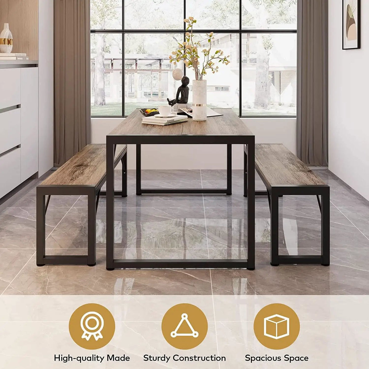 Dining Table Set For 4 With 2 Benches Gray Finish Modern from PriceLows™