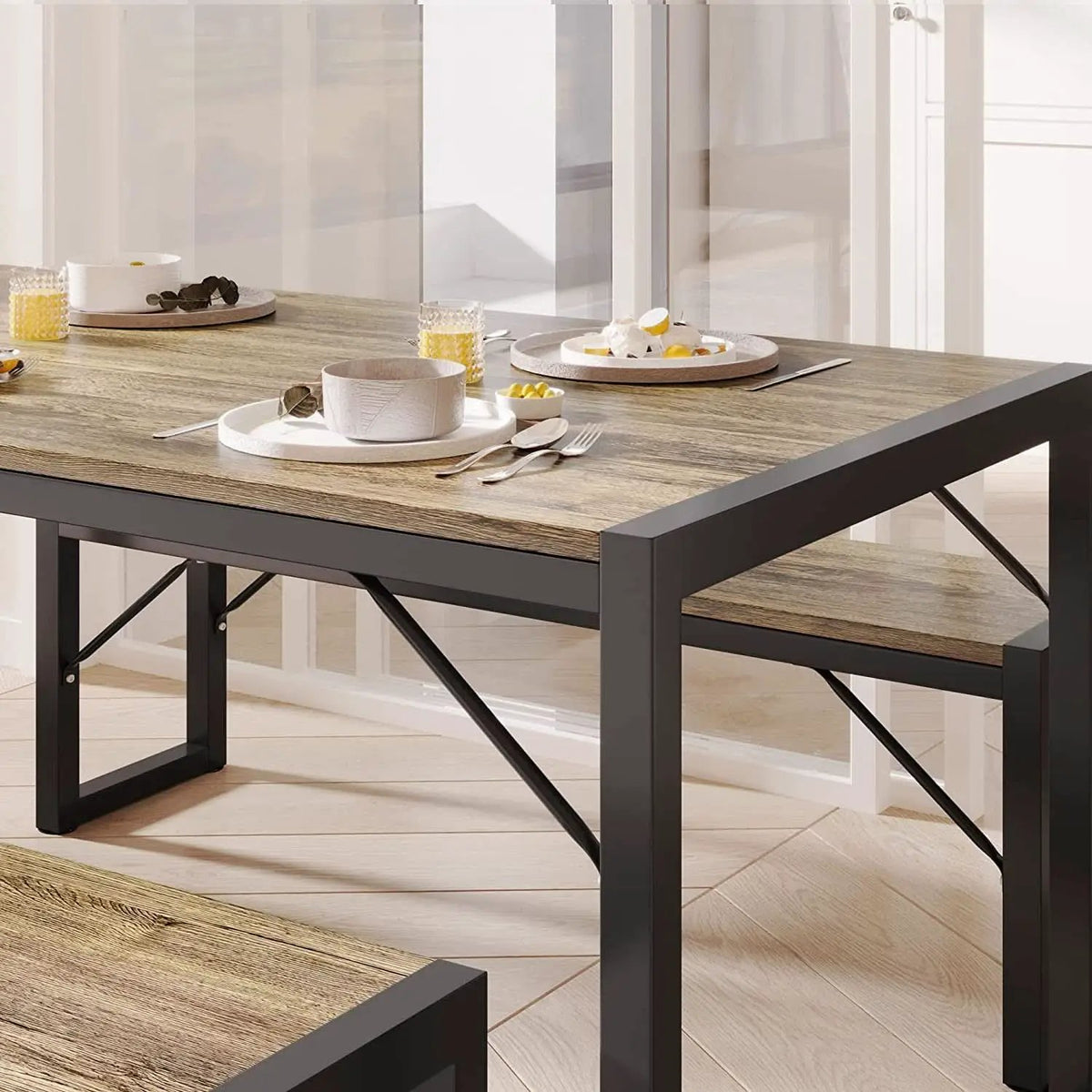 Dining Table Set For 4 With 2 Benches Gray Finish Modern from PriceLows™