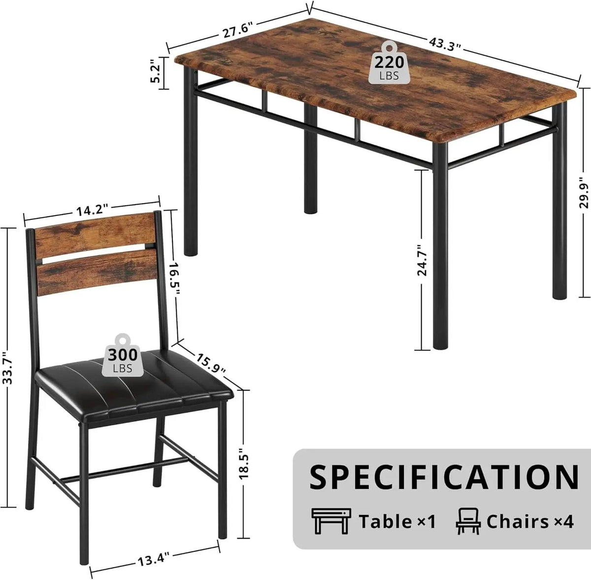 Dining Table Set For 4 Wood Kitchen Table With Upholstered Chairs Rustic Brown from PriceLows™