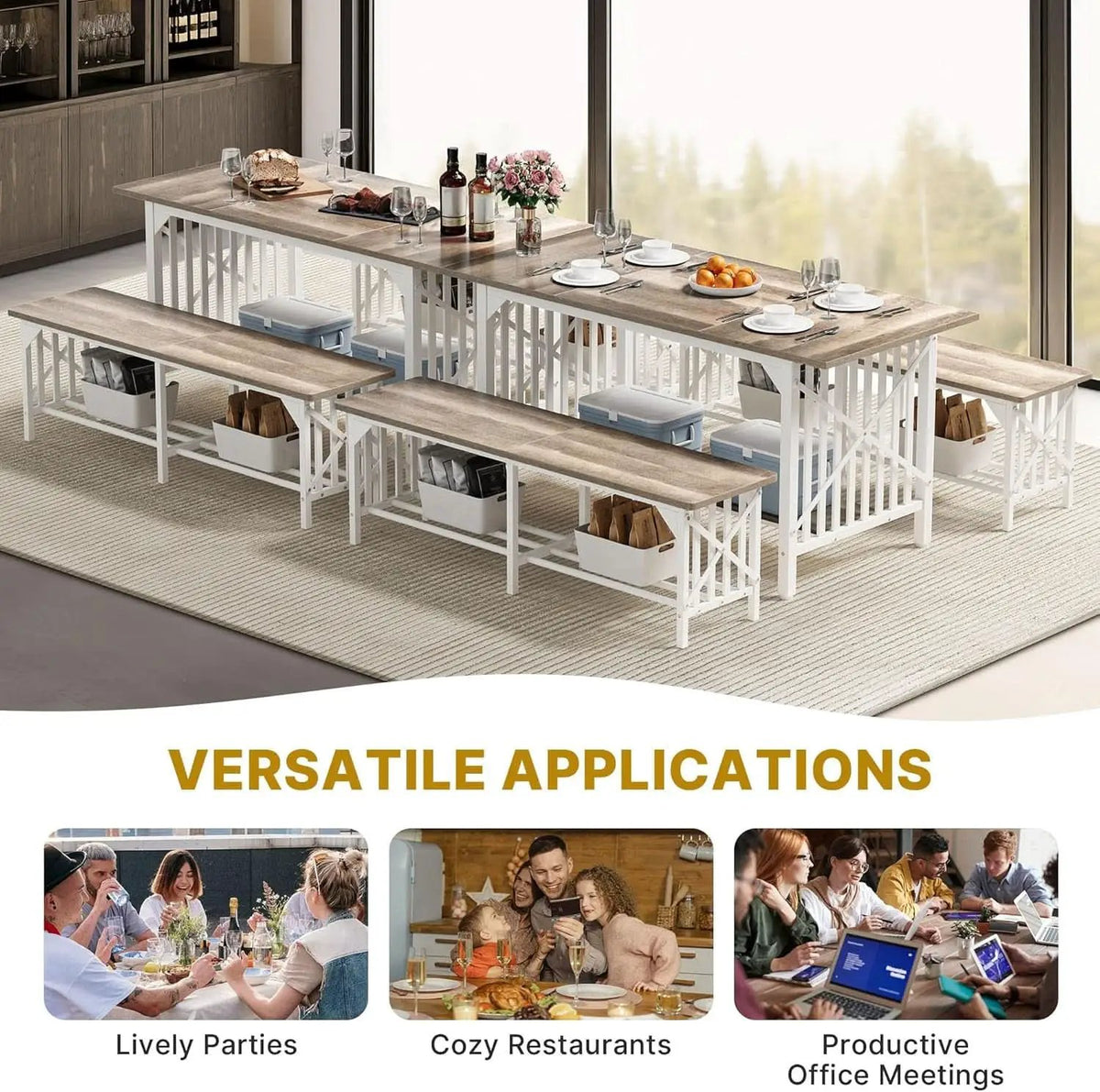 Sixty Three Inch Washed Grey Industrial Style Storage Dining Table from PriceLows™