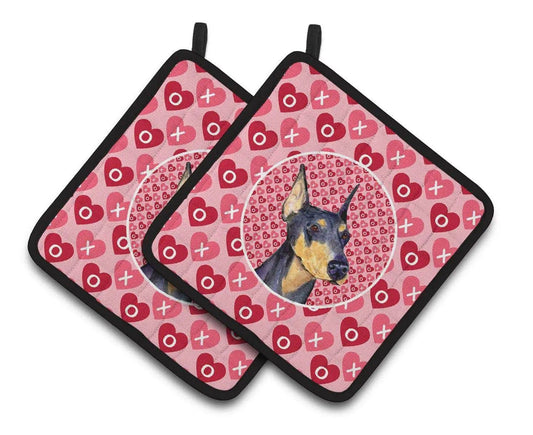 Pot Holder Set of 2 | Heat Resistant Quilted Hot Pads | 7.5 x 7.5 Inch | Doberman Hearts Love and Valentine's Day Portrait (Style 3)