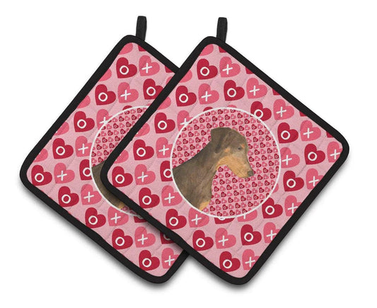Pot Holder Set of 2 | Heat Resistant Quilted Hot Pads | 7.5 x 7.5 Inch | Doberman Hearts Love and Valentine's Day Portrait (Style 2)
