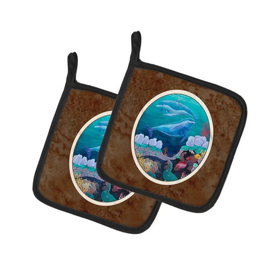 Pot Holder Set of 2 | Heat Resistant Quilted Hot Pads | 7.5 x 7.5 Inch | Dolphin Familty Swimming