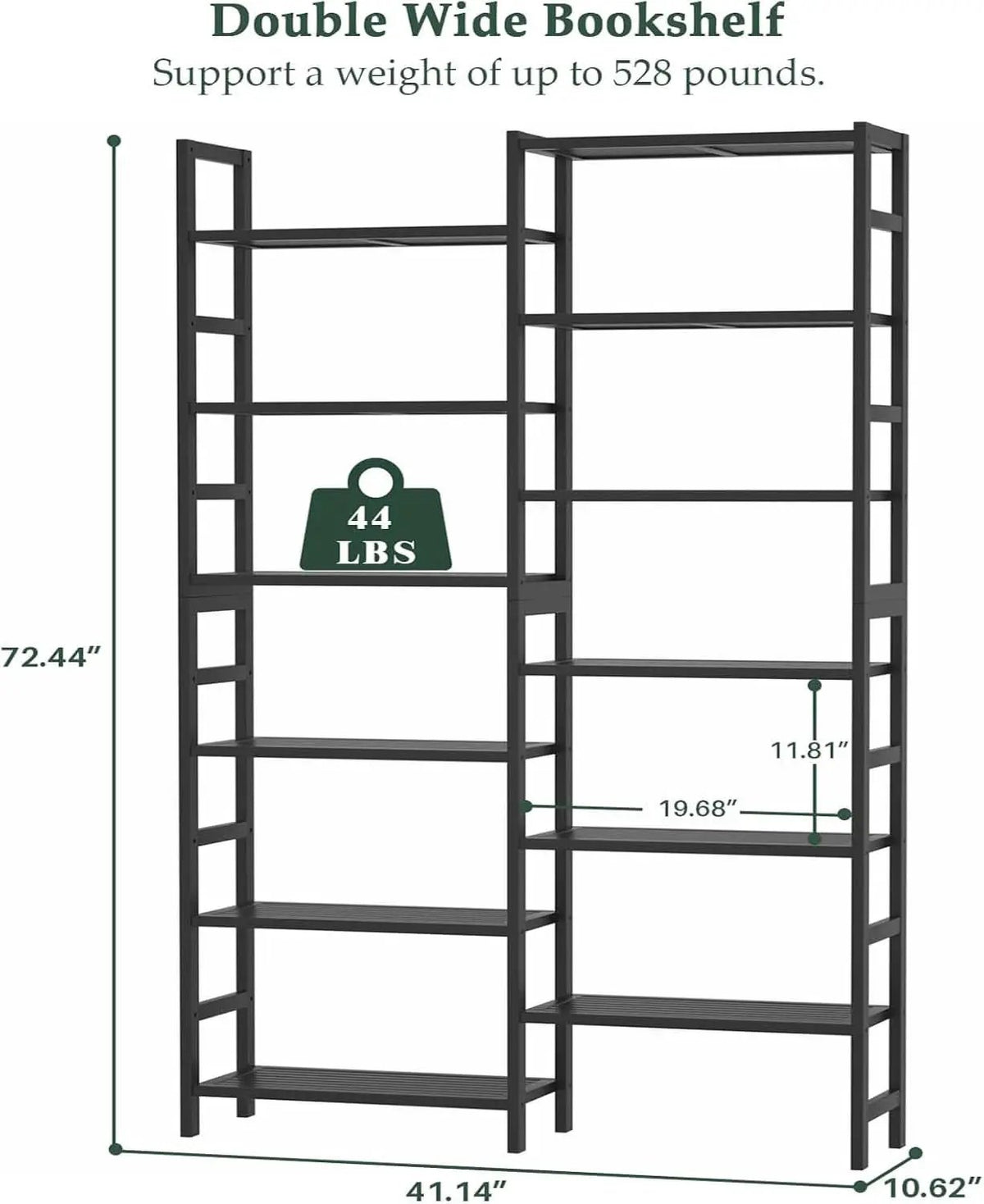 Double Wide Black Bookshelf Freestanding 6 Feet Tall from PriceLows™