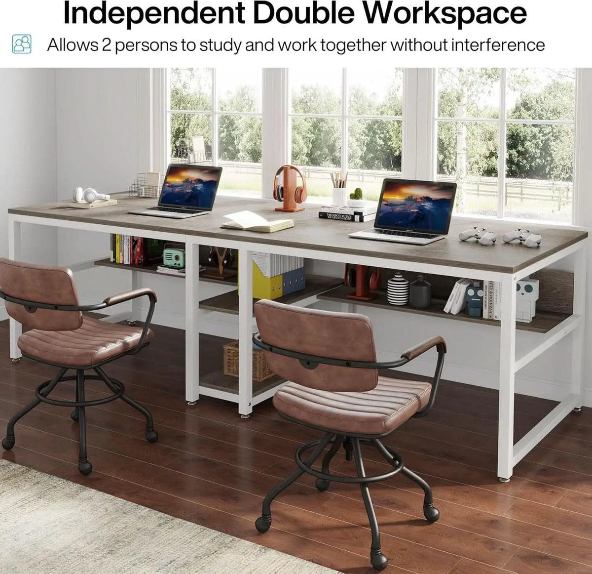 Double Workstation Desk For Two Person With Shelf from PriceLows™