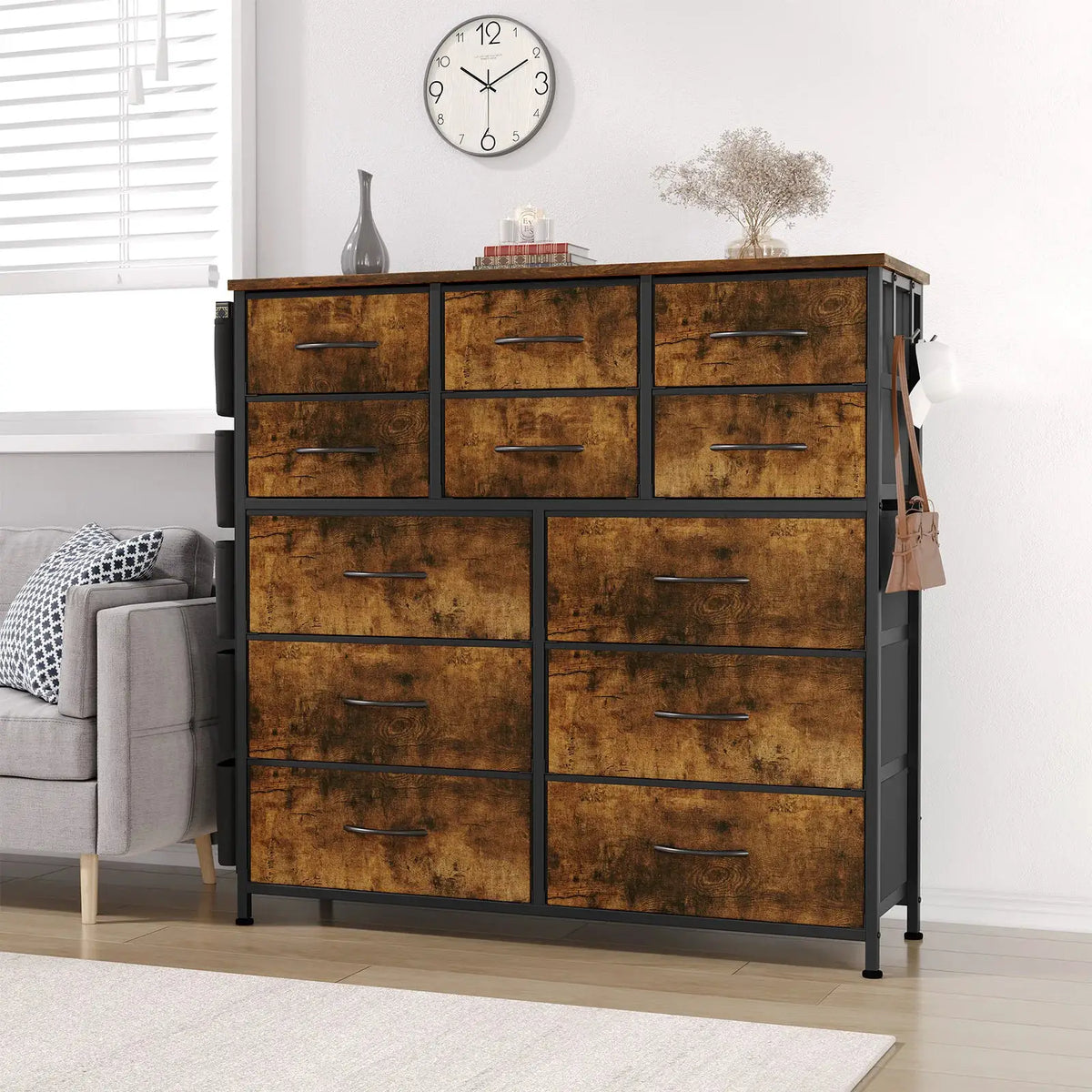 12-Drawer Dresser for Bedroom,Cloth Storage Tower,Fabric Storage Cabinet,Chest of Drawer with Side Pockets,Metal Frame,Wood Top from PriceLows™
