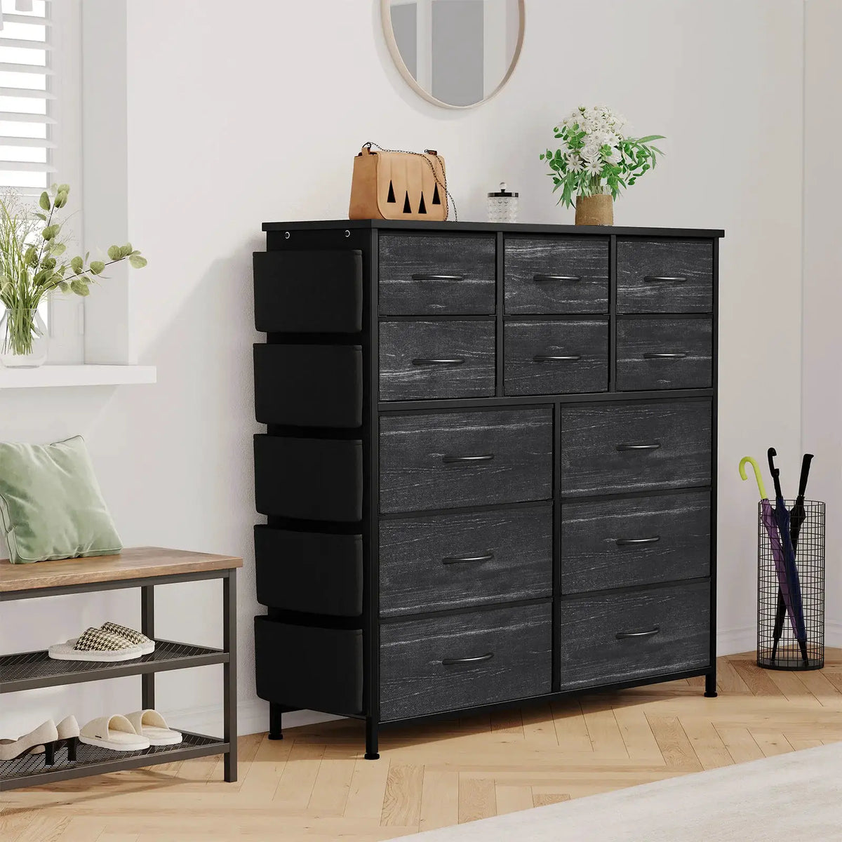 12-Drawer Dresser for Bedroom,Cloth Storage Tower,Fabric Storage Cabinet,Chest of Drawer with Side Pockets,Metal Frame,Wood Top from PriceLows™