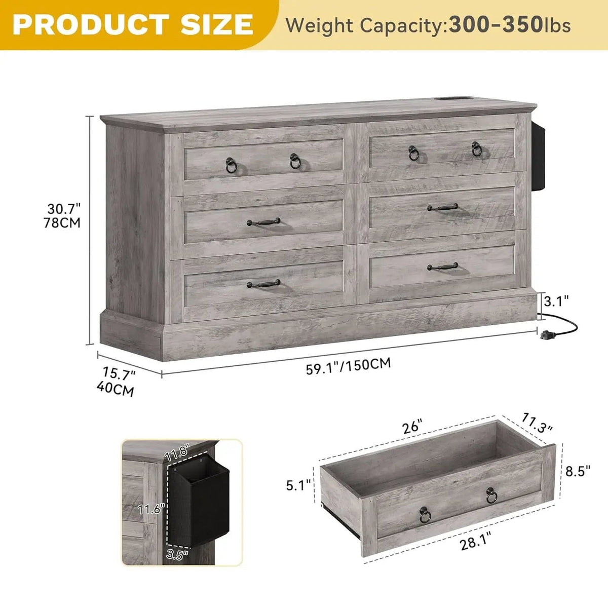 Grey Farmhouse 6 Drawer Dresser 59 Inch Wide With Air Purifier from PriceLows™