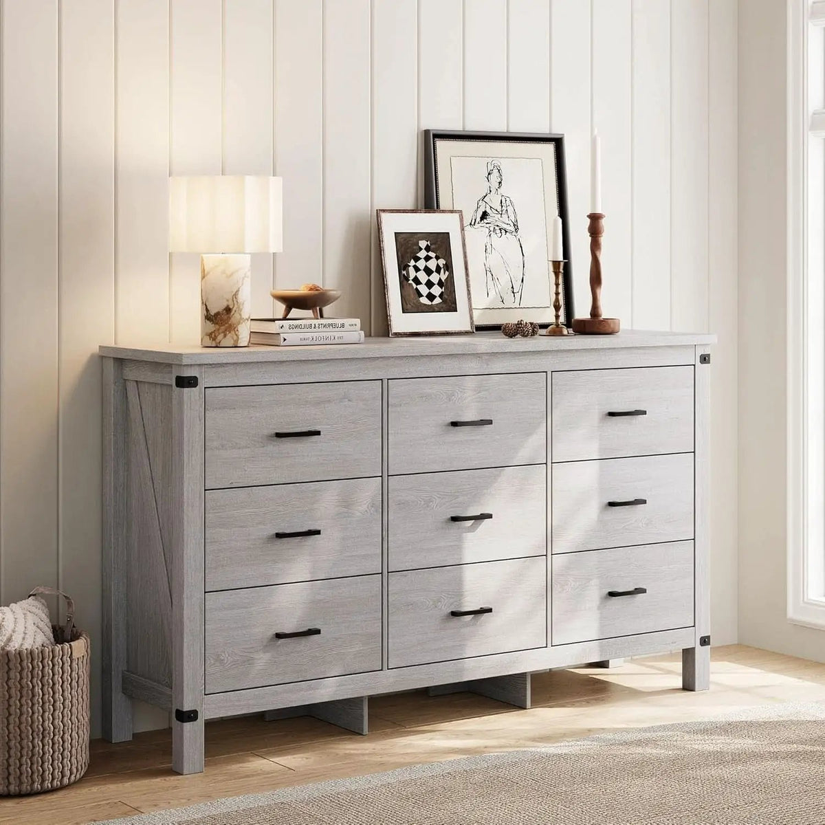 59 Inch Washed Grey Modern Farmhouse DresserWithNineDrawers from PriceLows™