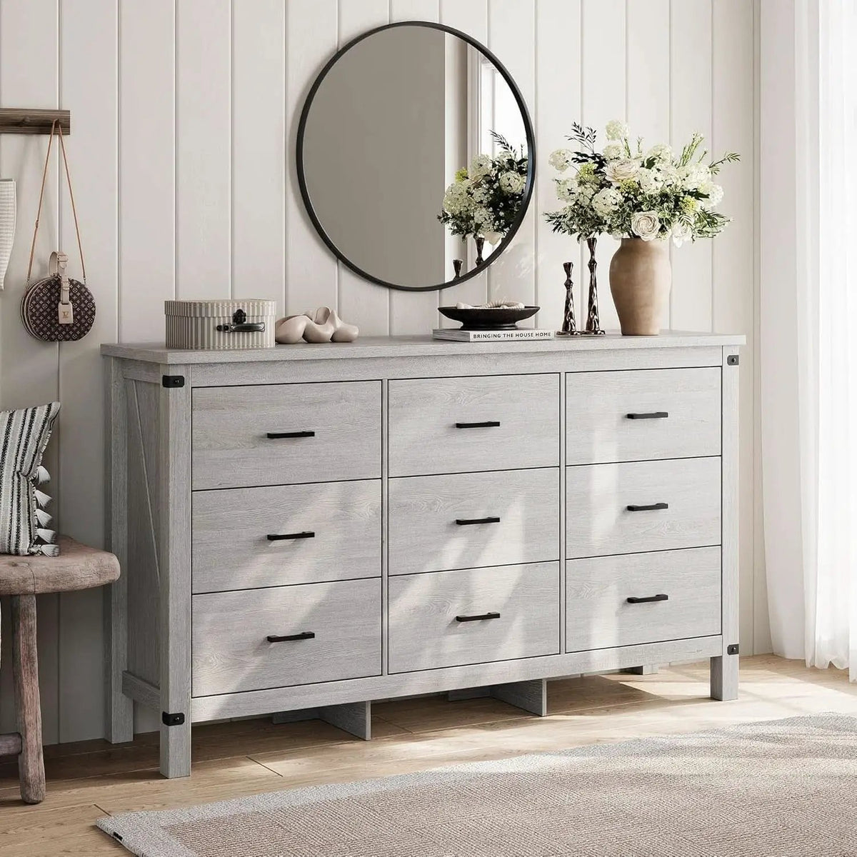 59 Inch Washed Grey Modern Farmhouse DresserWithNineDrawers from PriceLows™