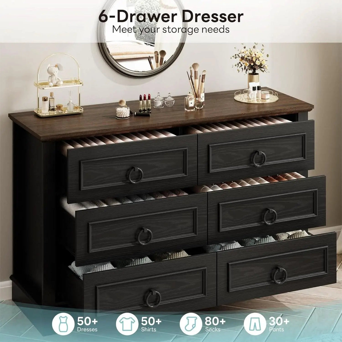 Black FortySevenPointTwoInch Wide Six Drawer Dresser from PriceLows™