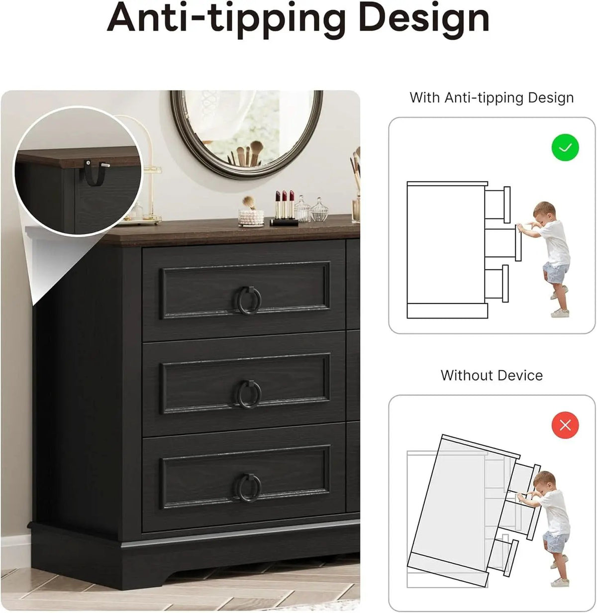Black FortySevenPointTwoInch Wide Six Drawer Dresser from PriceLows™