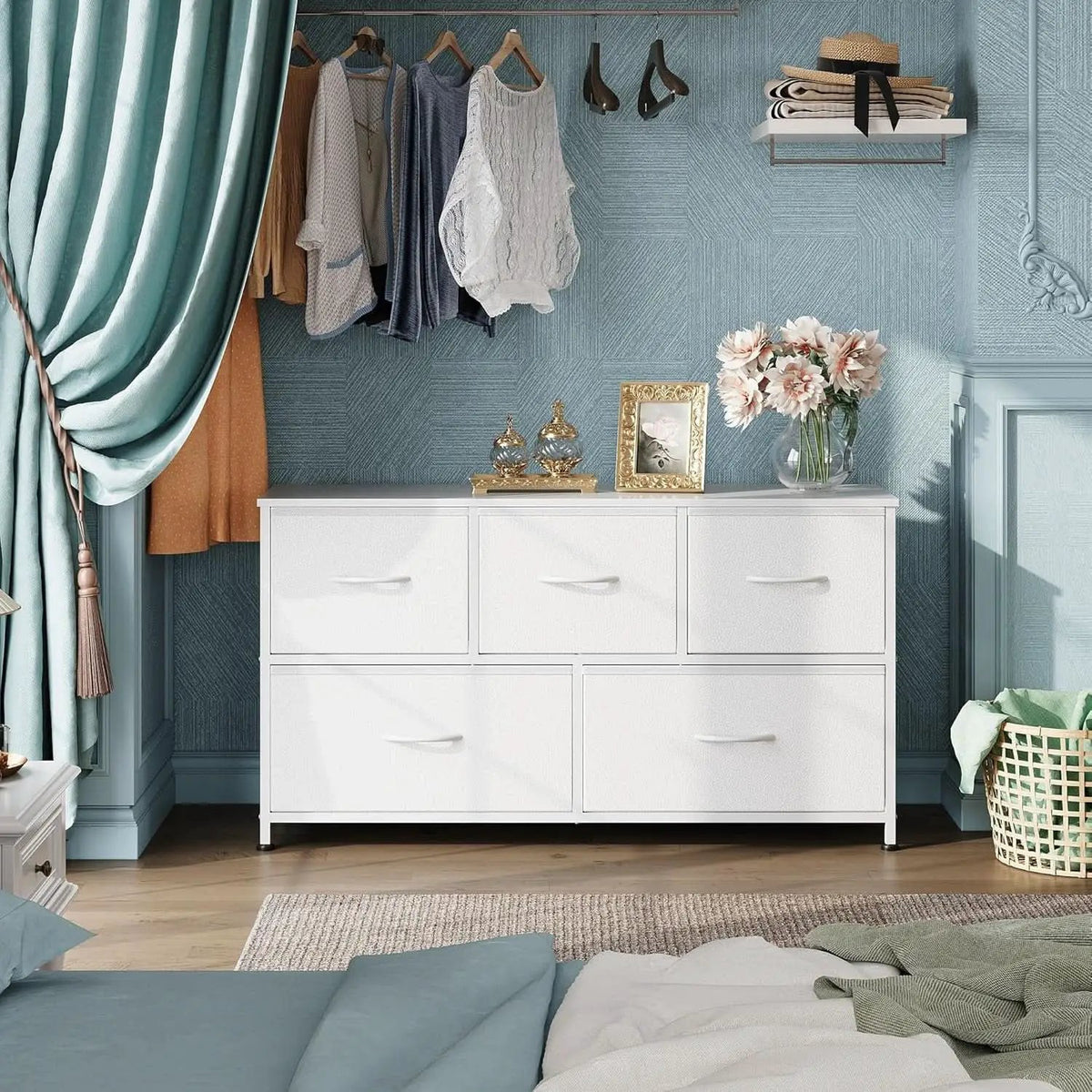 White TexturedFabric Dresser With Five Deep Drawers from PriceLows™