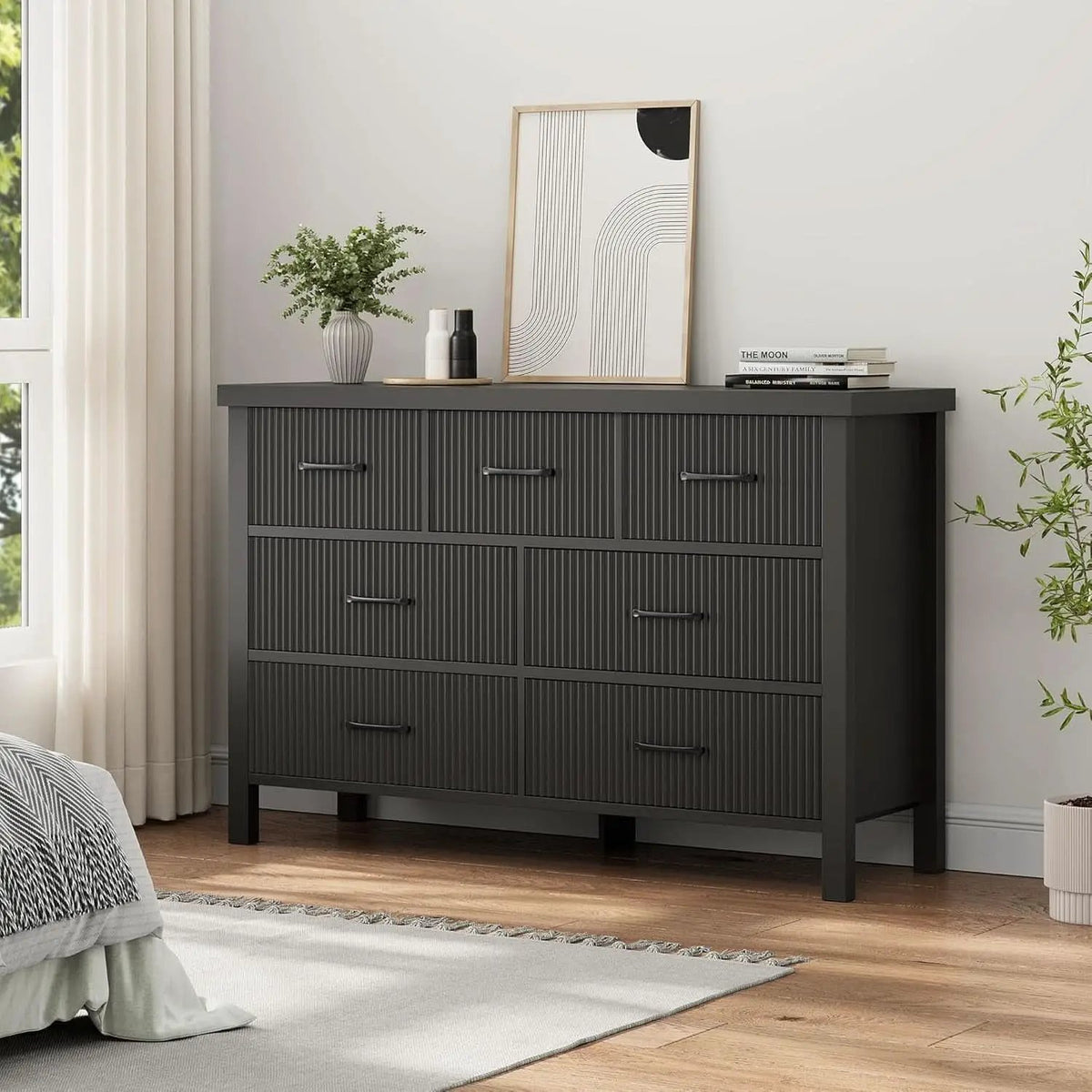 Fluted Contemporary White Dresser With Black Handles from PriceLows™