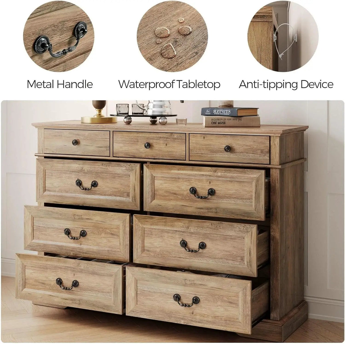 Nine Drawer Dresser Handcrafted Rustic Oakwood Finish from PriceLows™
