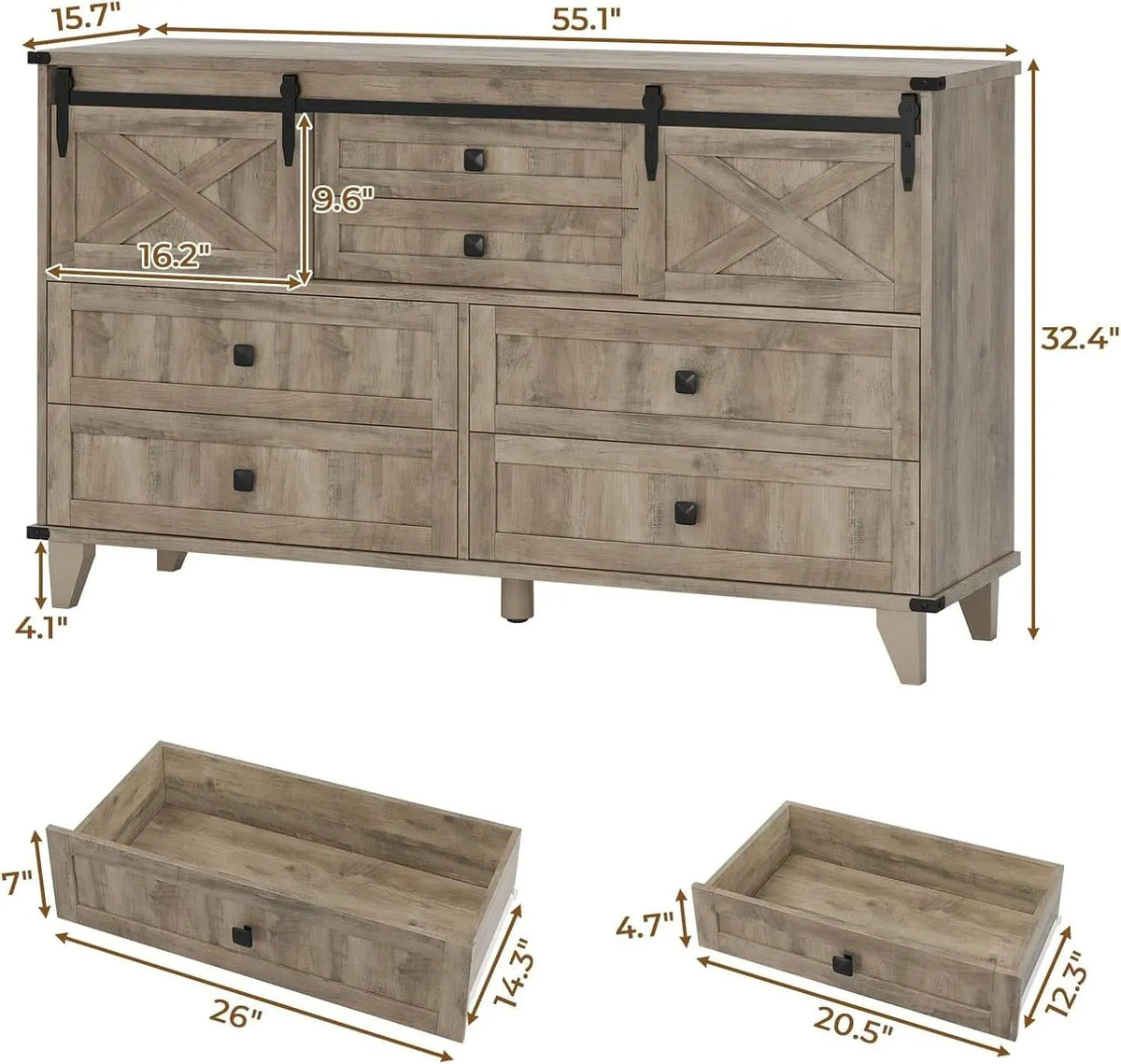 Six Drawer Dresser Rustic Oakwood Sliding BarnDoor from PriceLows™