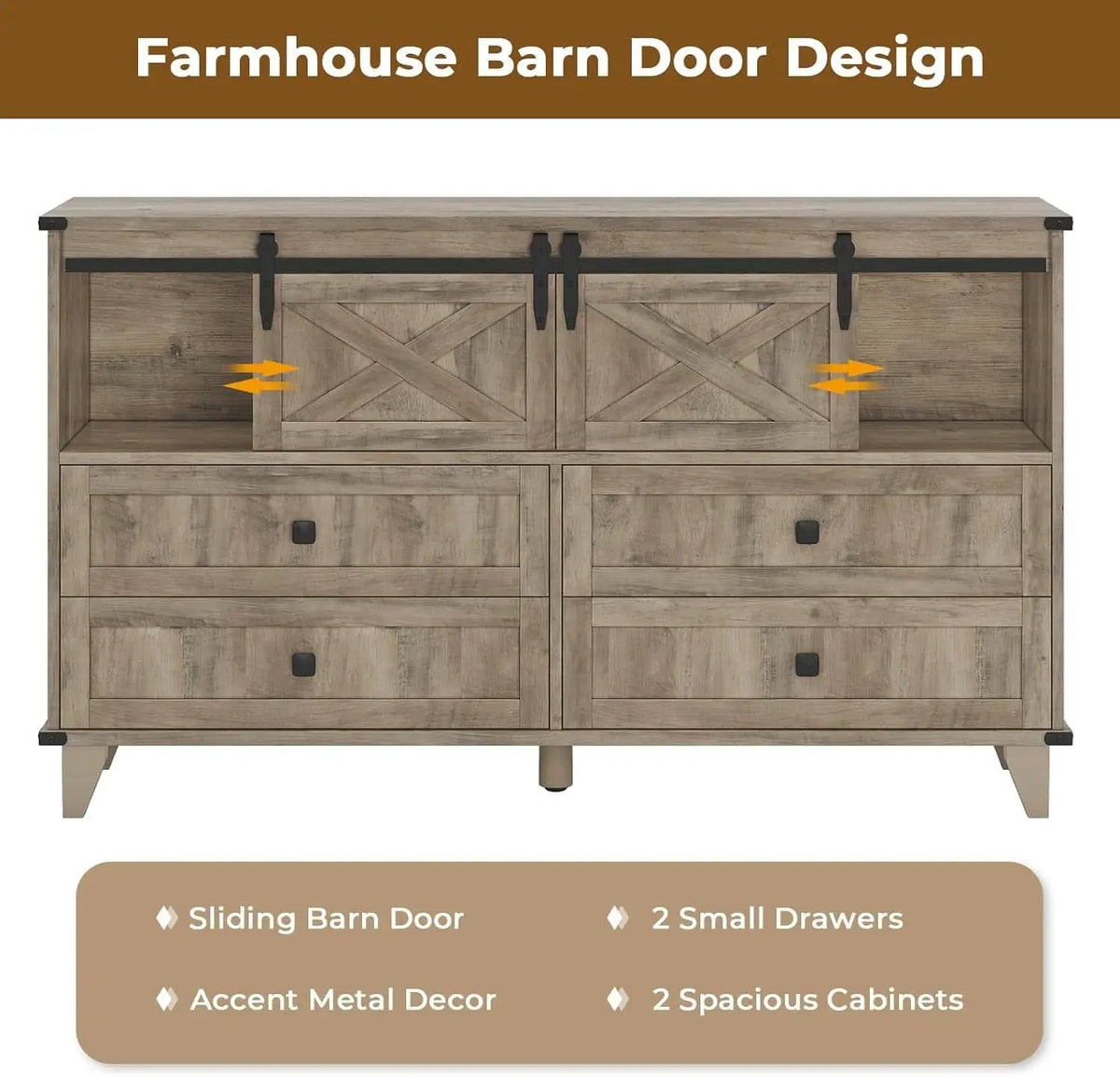 Six Drawer Dresser Rustic Oakwood Sliding BarnDoor from PriceLows™